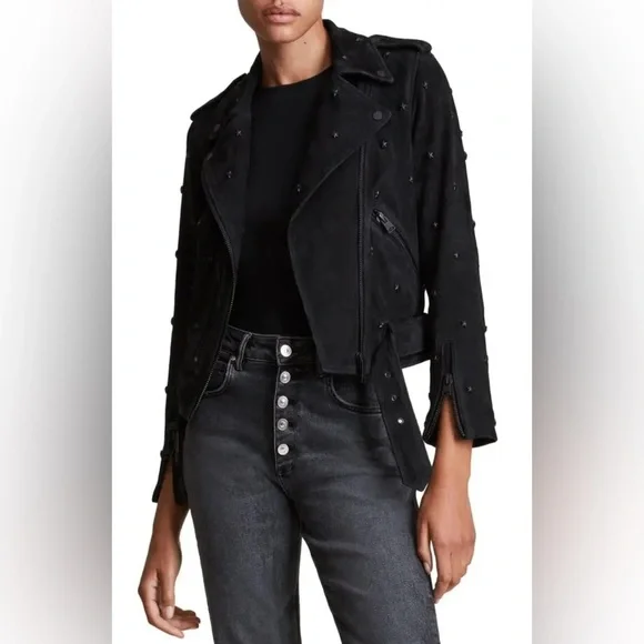 All Saints x Balfern Star Studded Suede Biker Jacket sz US 4 NWT 559$ - Picture 6 of 14